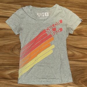 Color Me Rad 5k Gray V-Neck Tee with Red, Orange, Yellow Stripes